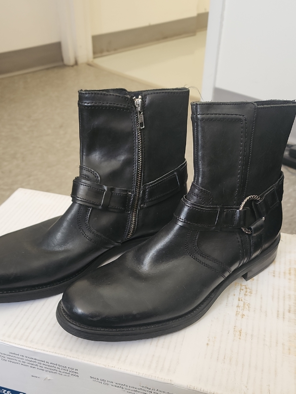 GBX Black Leather Zip Harness Ankle Boots